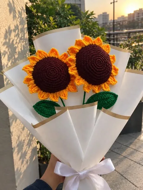 Three crochet sunflowers wrapped in cream paper with a white ribbon